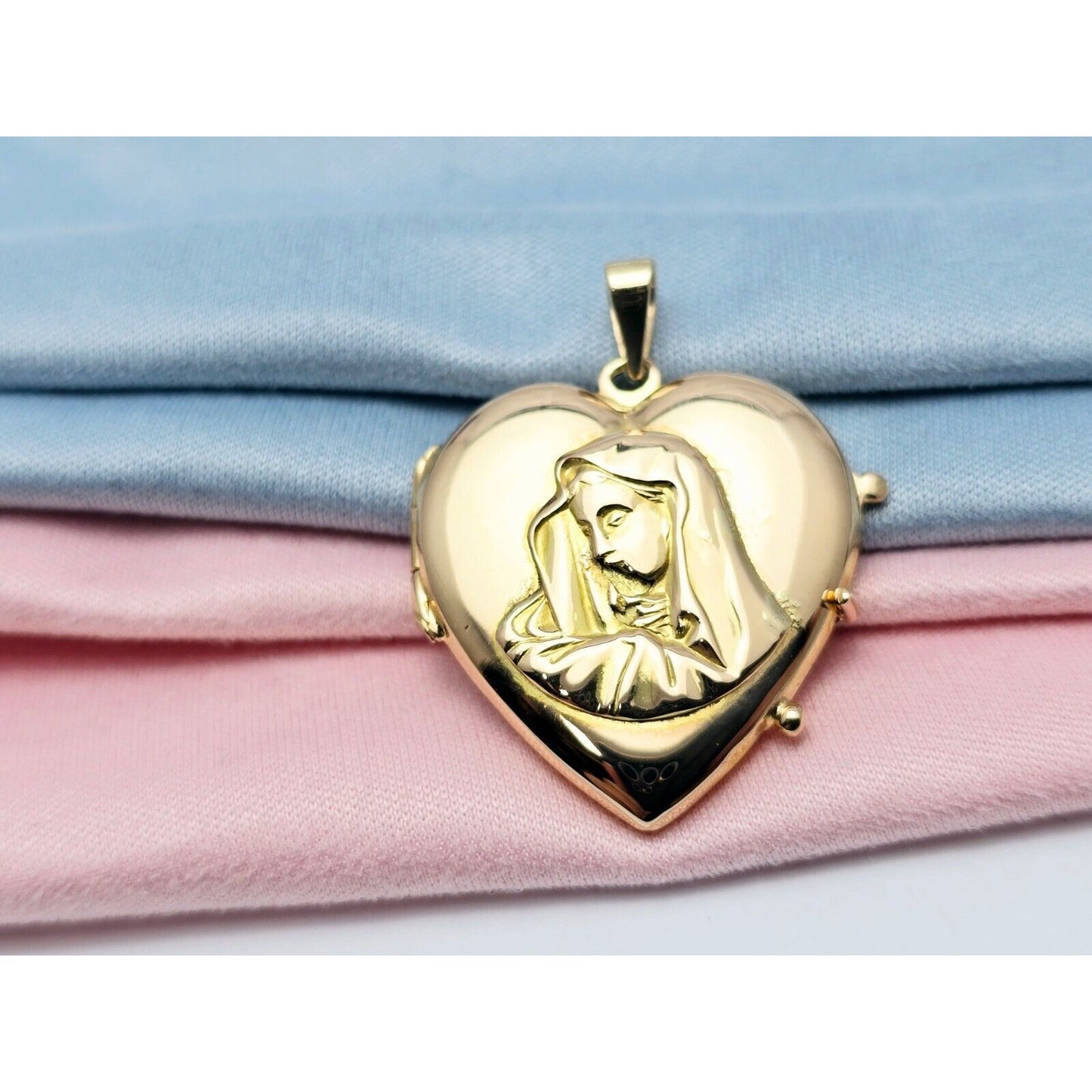 18K Yellow Gold Saint Mary Heart Locket Charm Pendant