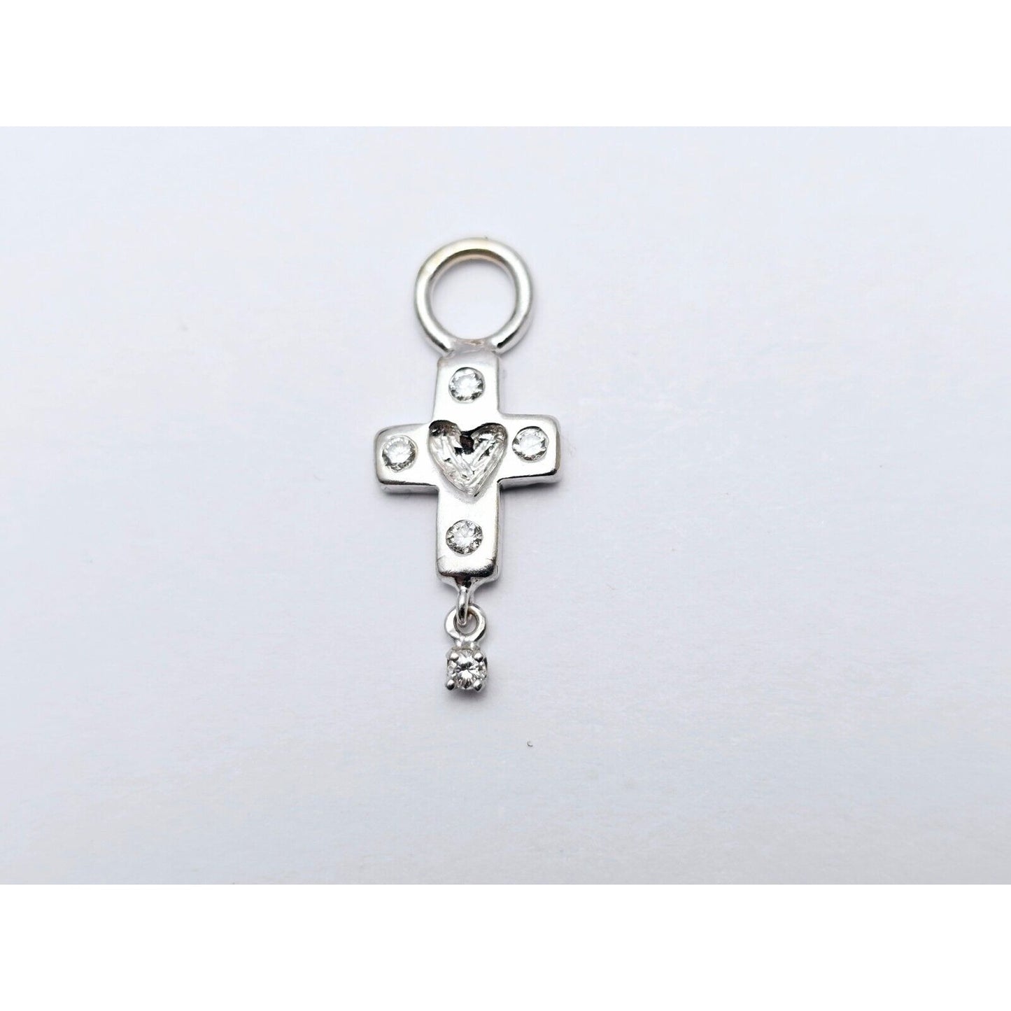 Tiny 14K White Gold Diamond Dangle Drop Religious Cross Pendant Charm