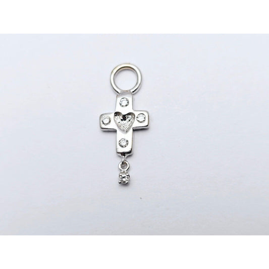 Tiny 14K White Gold Diamond Dangle Drop Religious Cross Pendant Charm