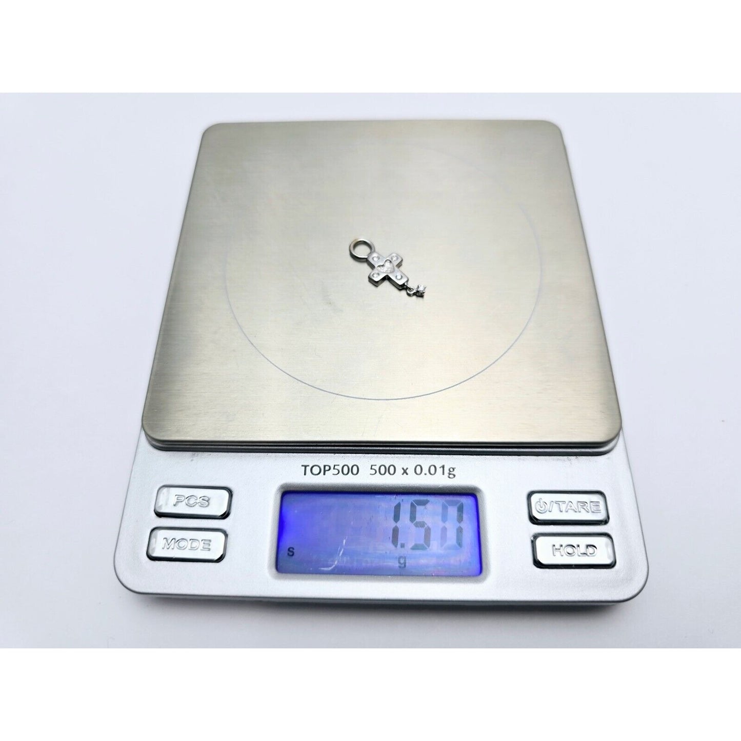 Tiny 14K White Gold Diamond Dangle Drop Religious Cross Pendant Charm