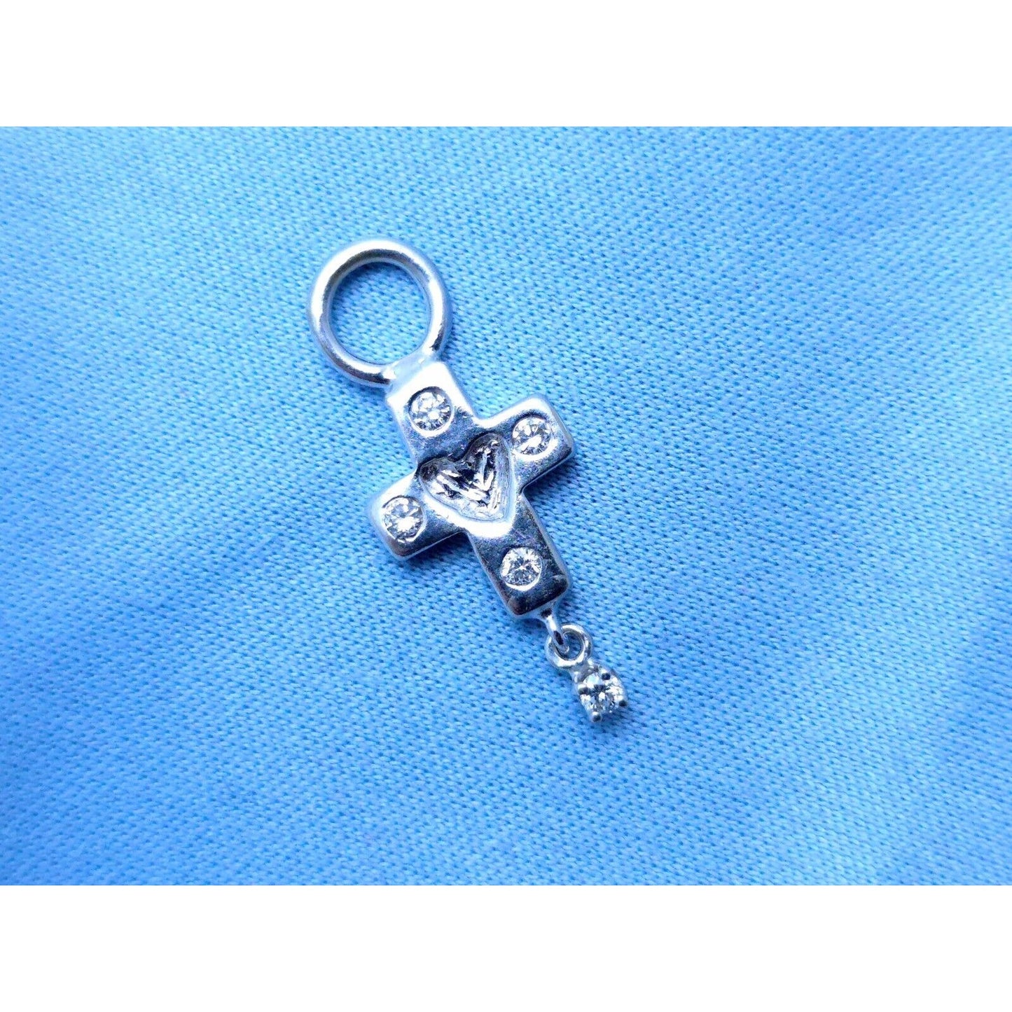 Tiny 14K White Gold Diamond Dangle Drop Religious Cross Pendant Charm