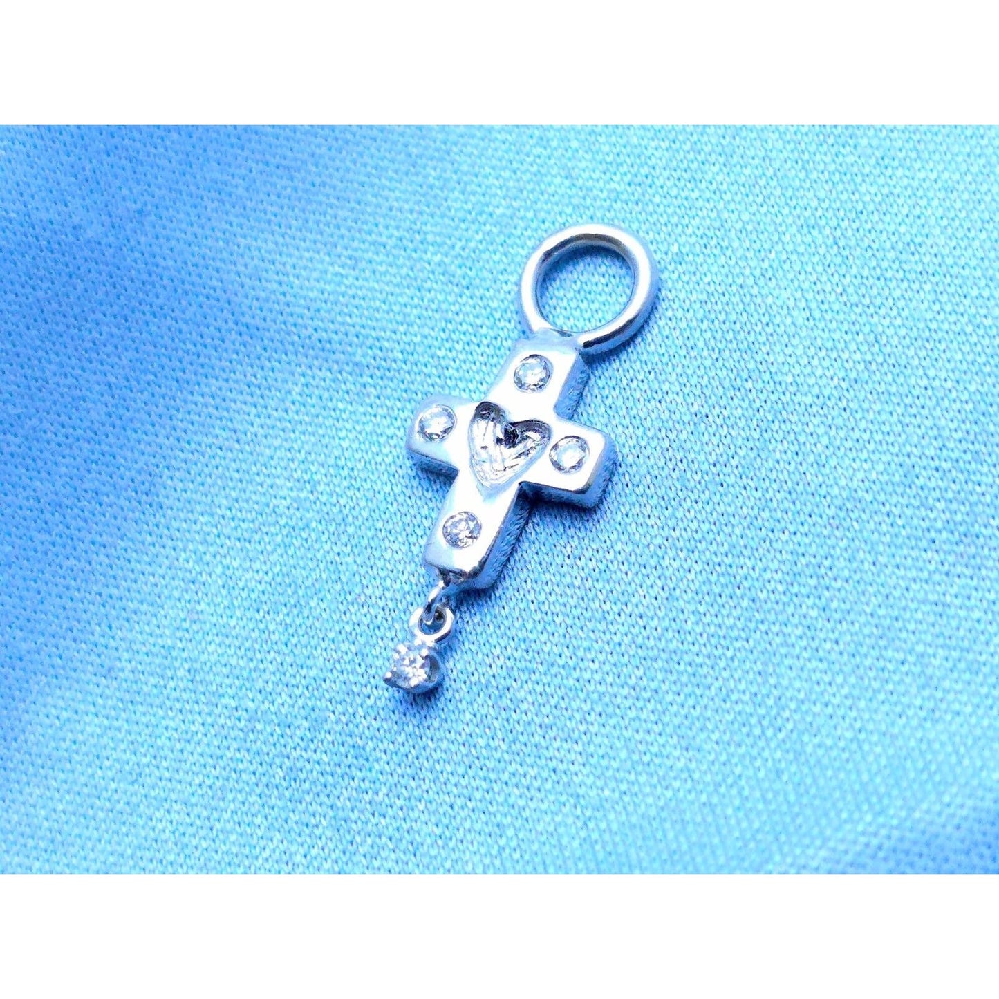 Tiny 14K White Gold Diamond Dangle Drop Religious Cross Pendant Charm