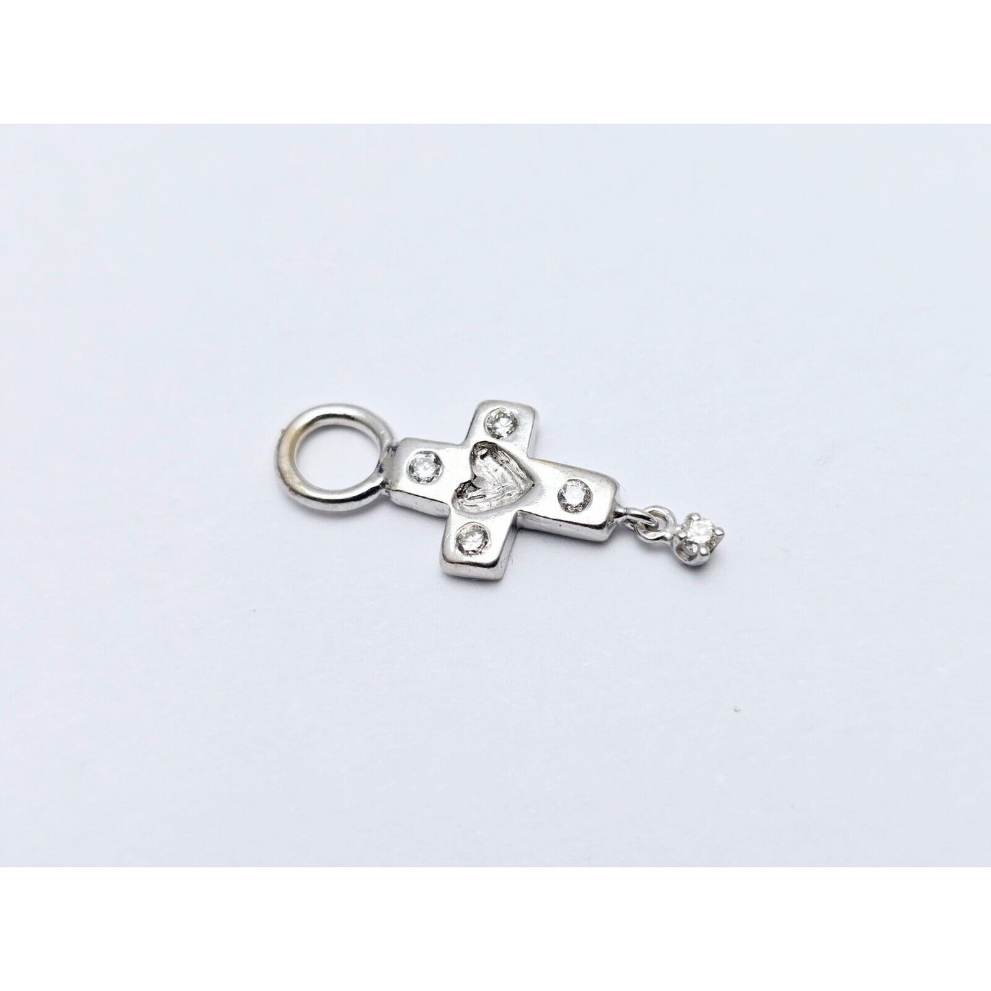 Tiny 14K White Gold Diamond Dangle Drop Religious Cross Pendant Charm