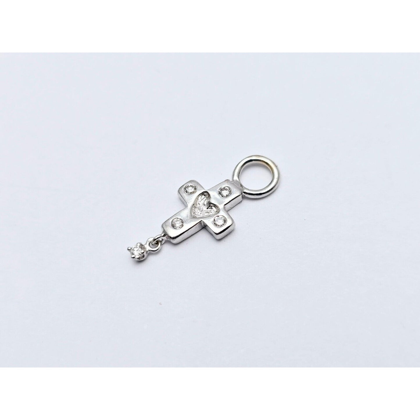 Tiny 14K White Gold Diamond Dangle Drop Religious Cross Pendant Charm