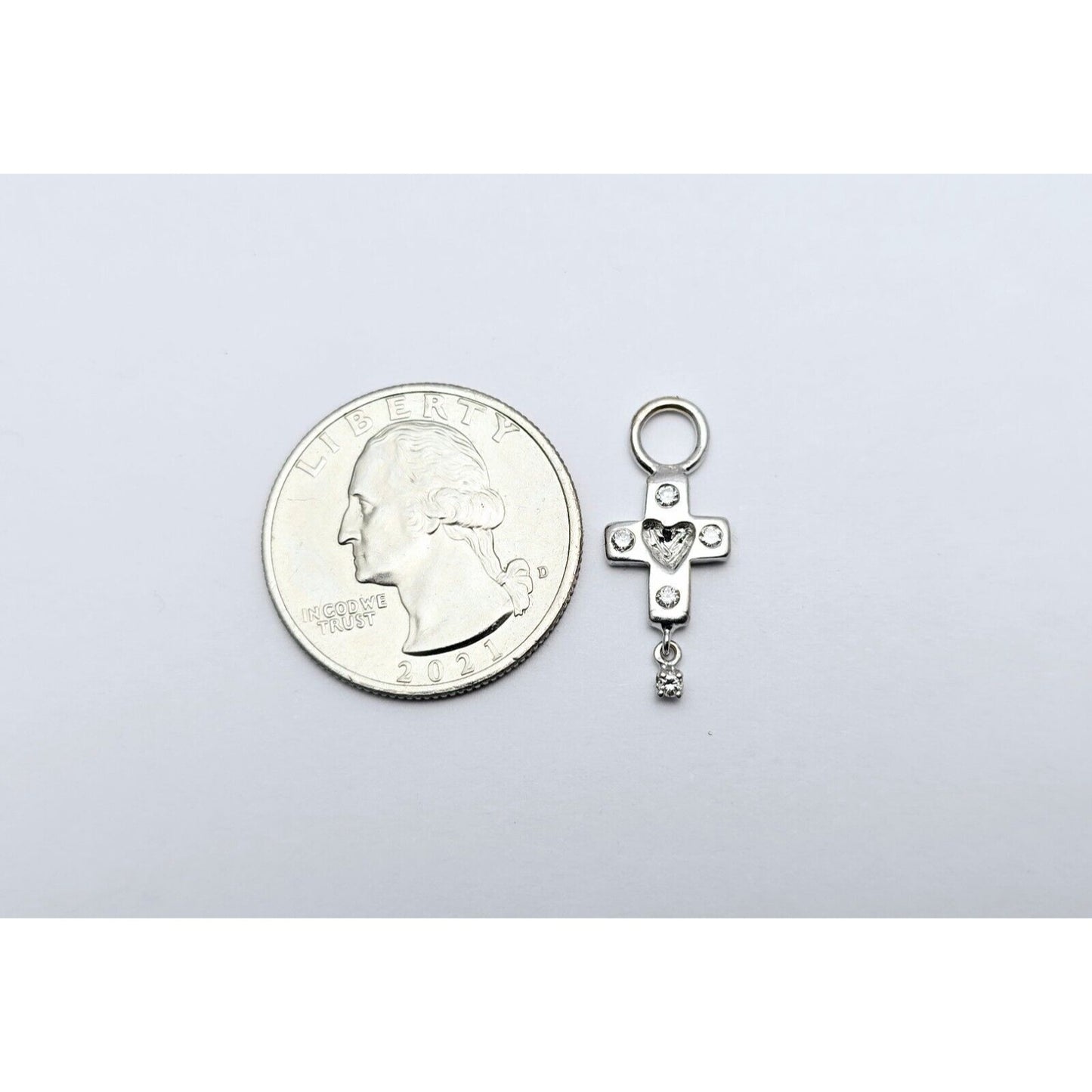 Tiny 14K White Gold Diamond Dangle Drop Religious Cross Pendant Charm