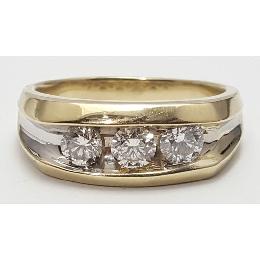 14K Two Tone Gold Channel Set Three Stone Diamond Mens Ring