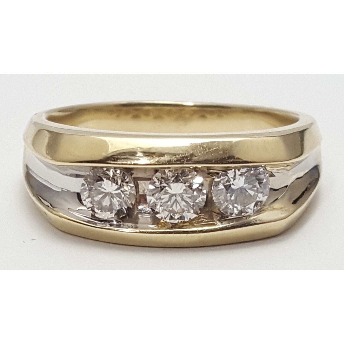 14K Two Tone Gold Channel Set Three Stone Diamond Mens Ring