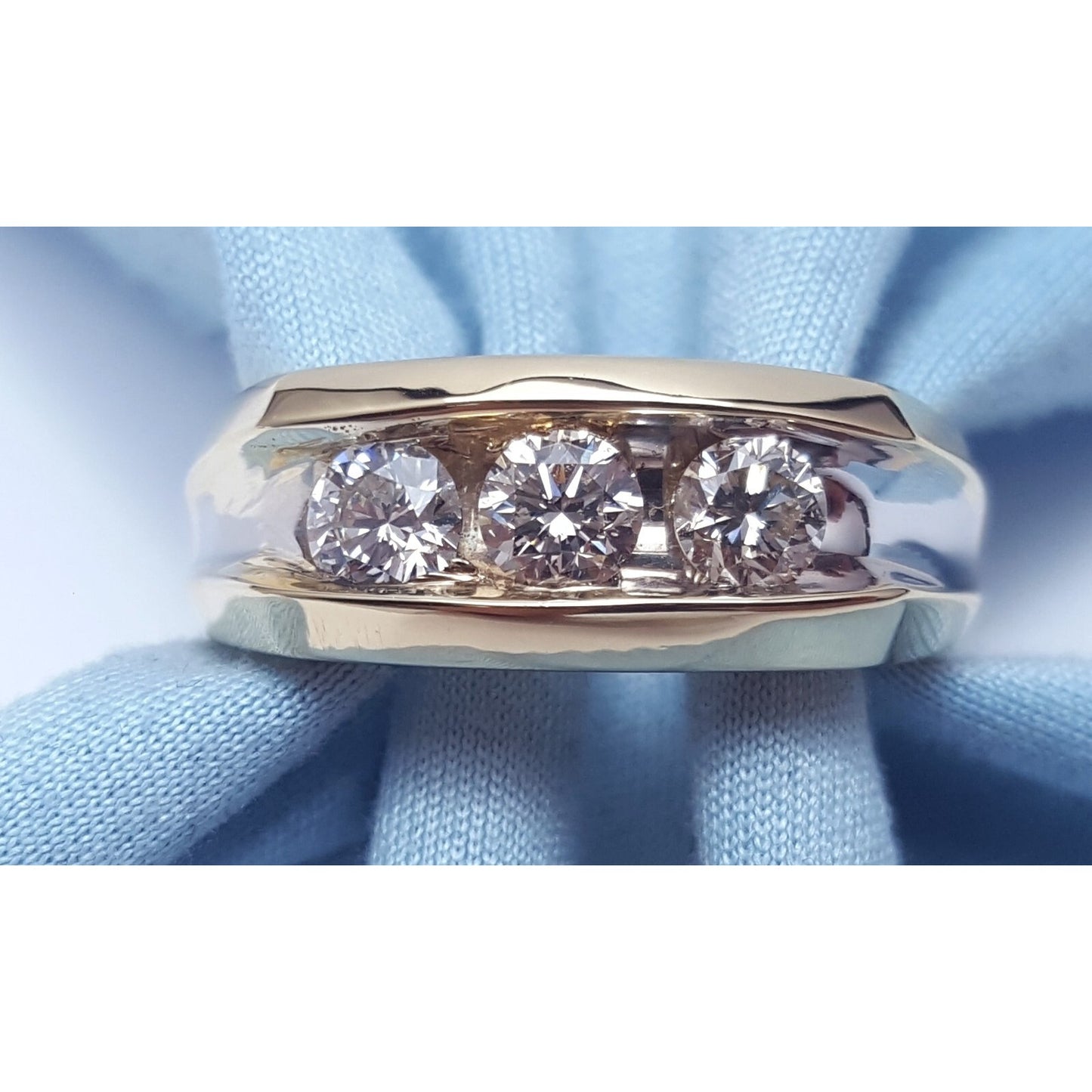 14K Two Tone Gold Channel Set Three Stone Diamond Mens Ring