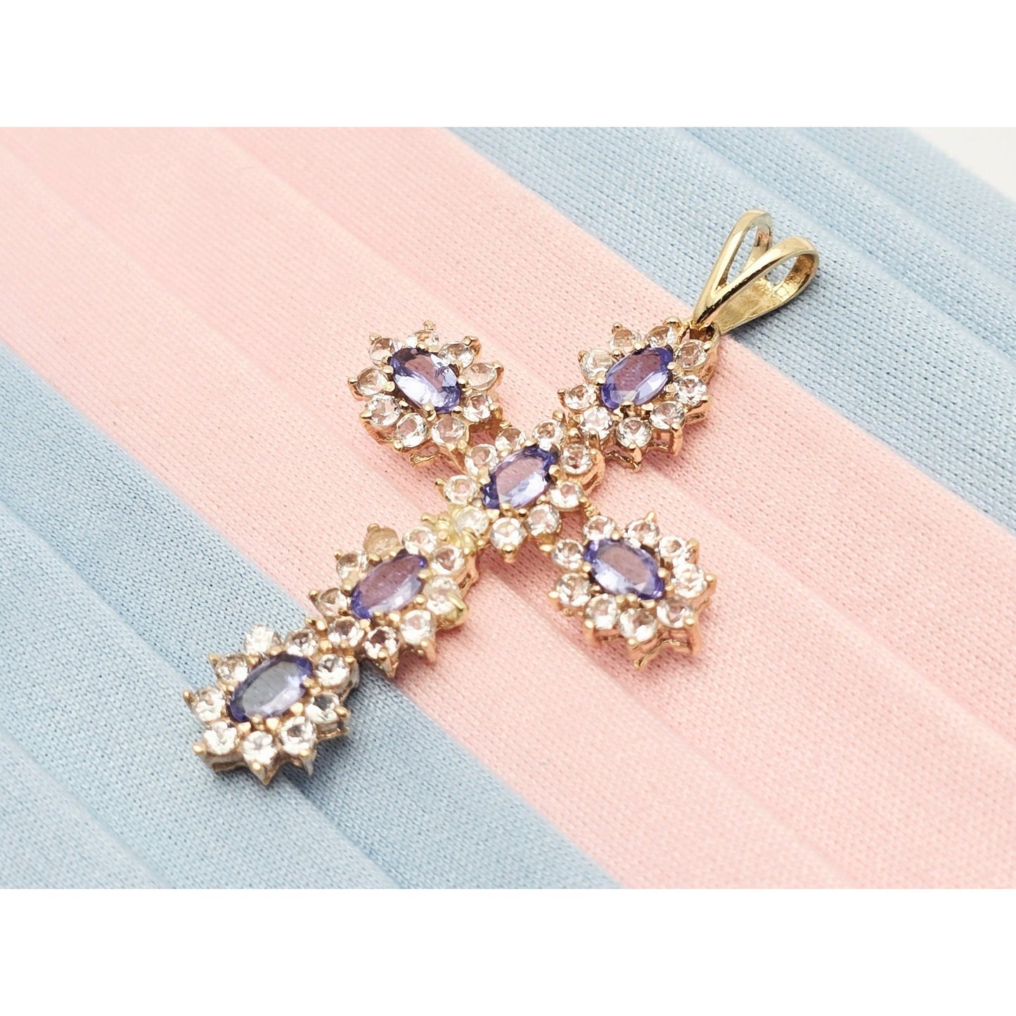 10K Yellow Gold Tanzanite & CZ Cross Pendant Charm