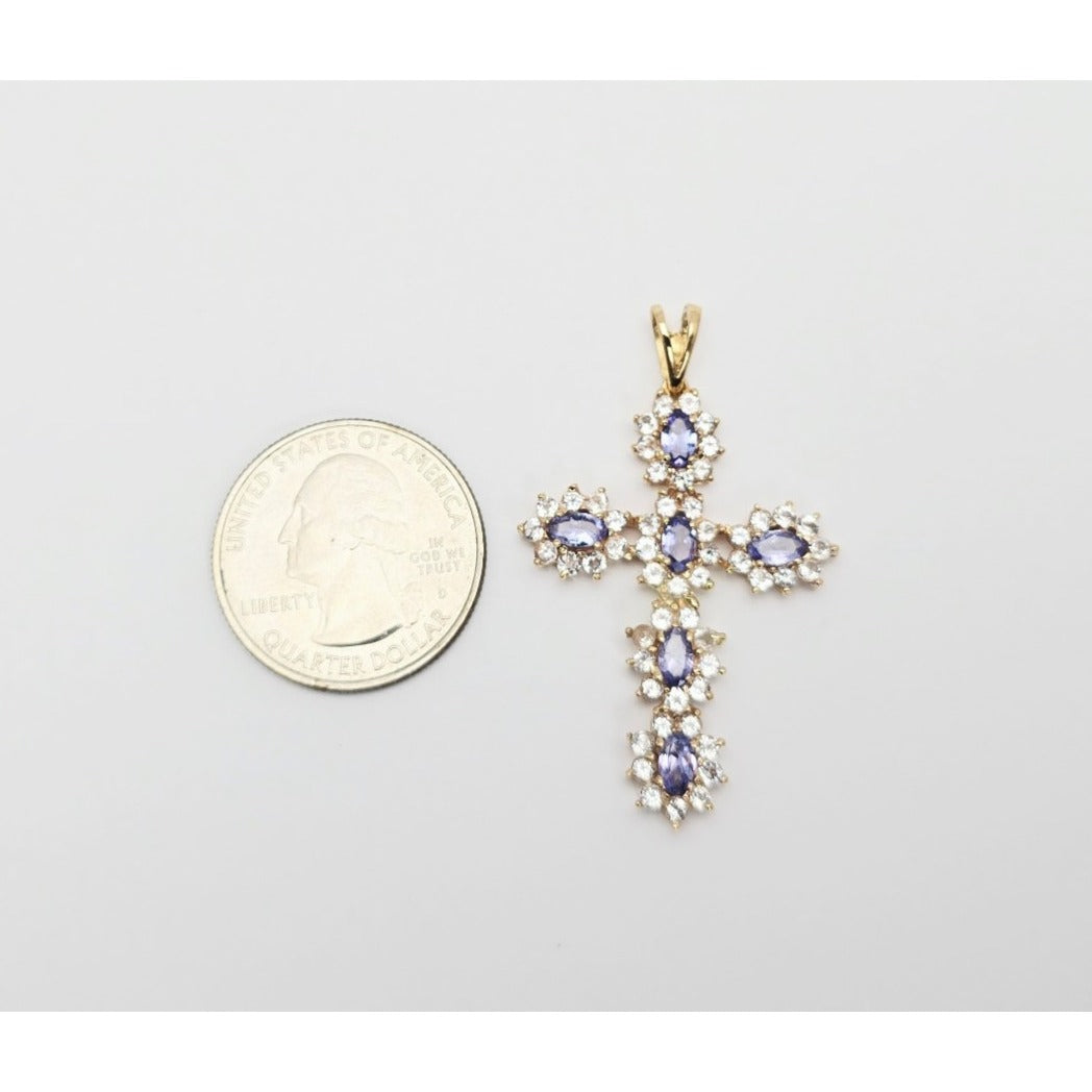 10K Yellow Gold Tanzanite & CZ Cross Pendant Charm
