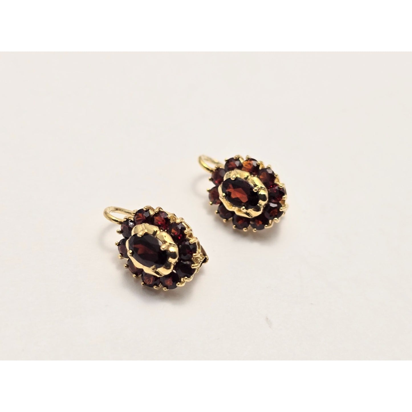 18K Yellow Gold Garnet Flower Hinged Earrings