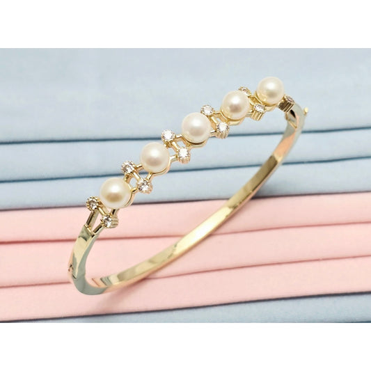 14K Yellow Gold Pearl & CZ Bangle Bracelet
