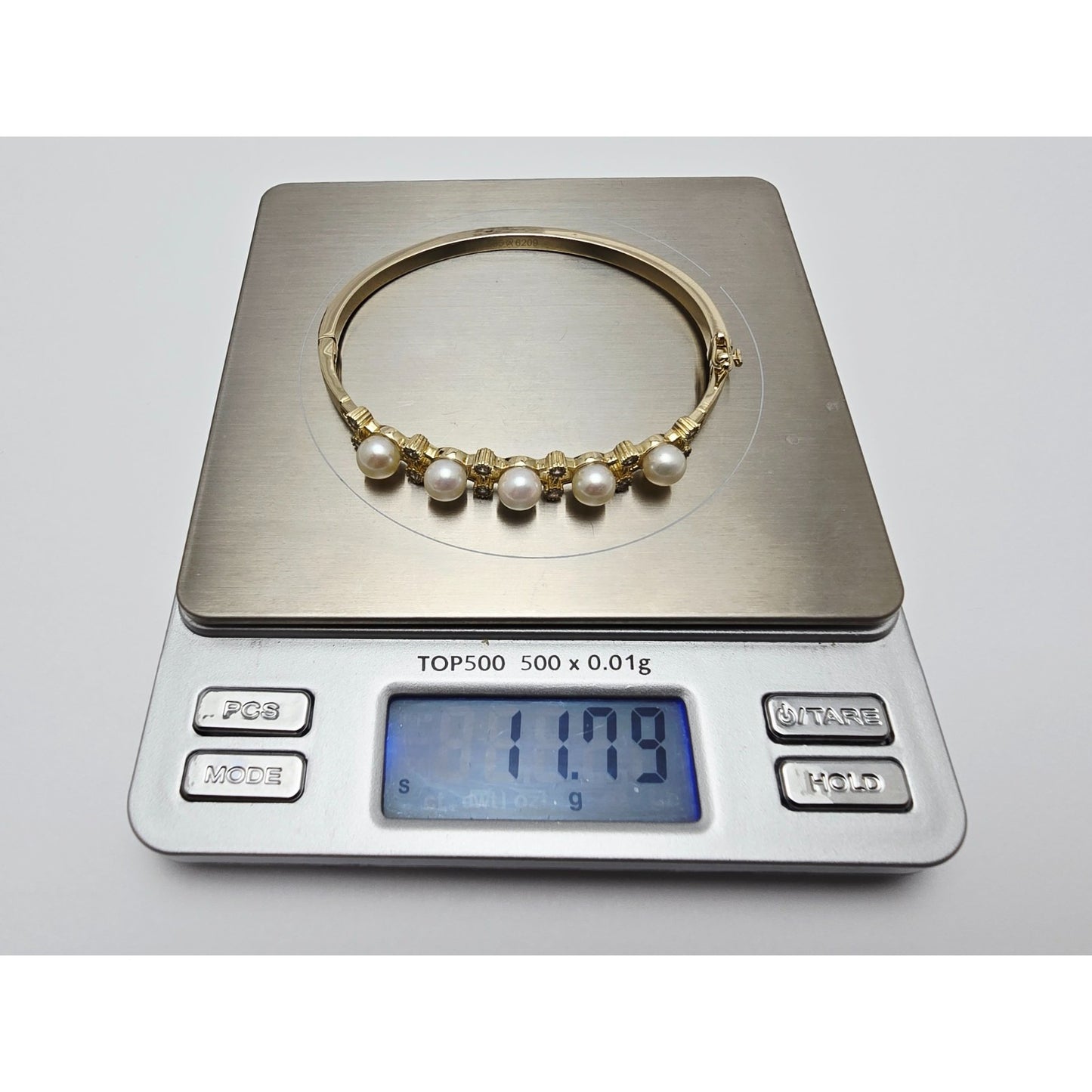 14K Yellow Gold Pearl & CZ Bangle Bracelet