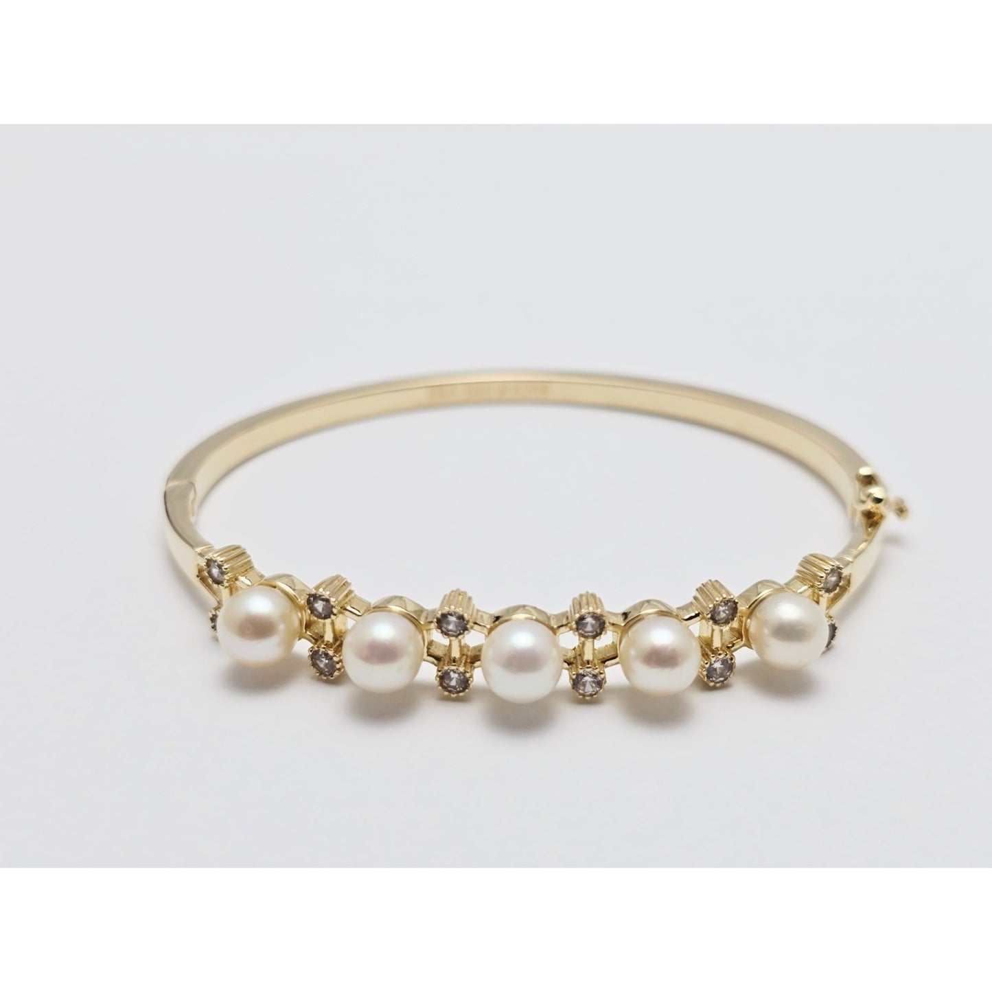14K Yellow Gold Pearl & CZ Bangle Bracelet