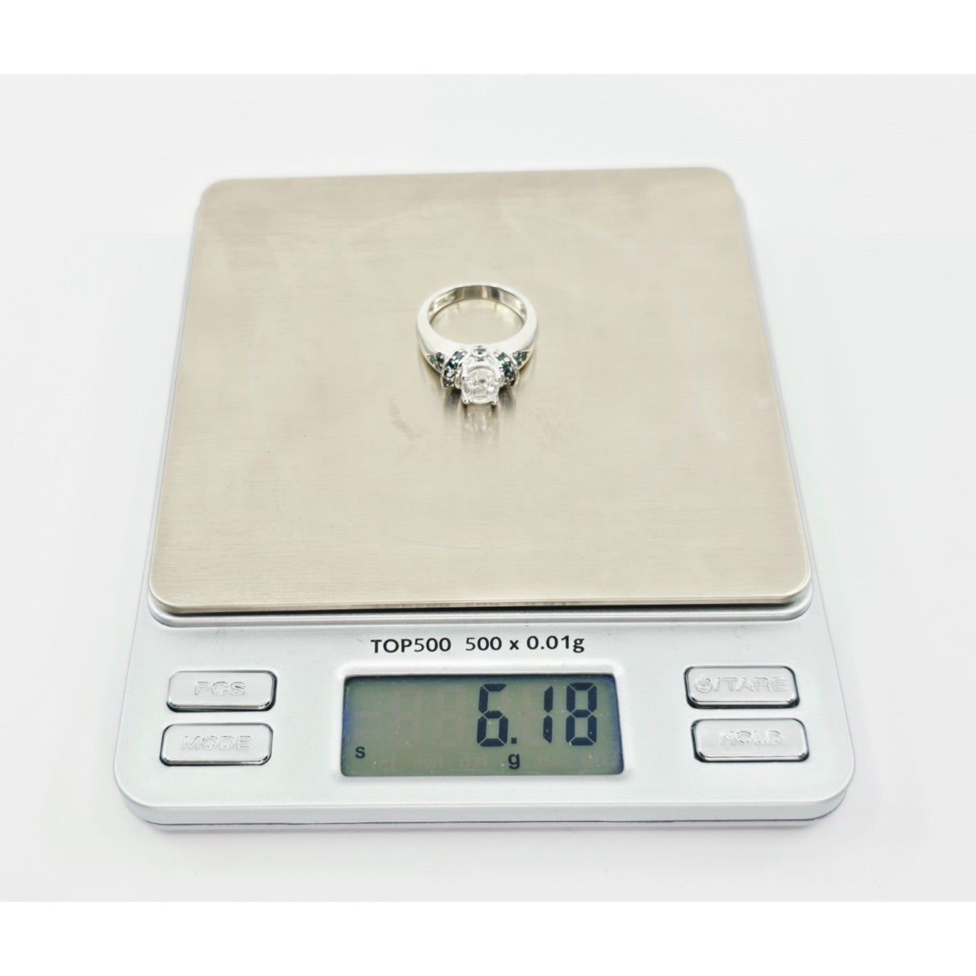 14K White Gold Clear Gemstone & Green Diamond Ring