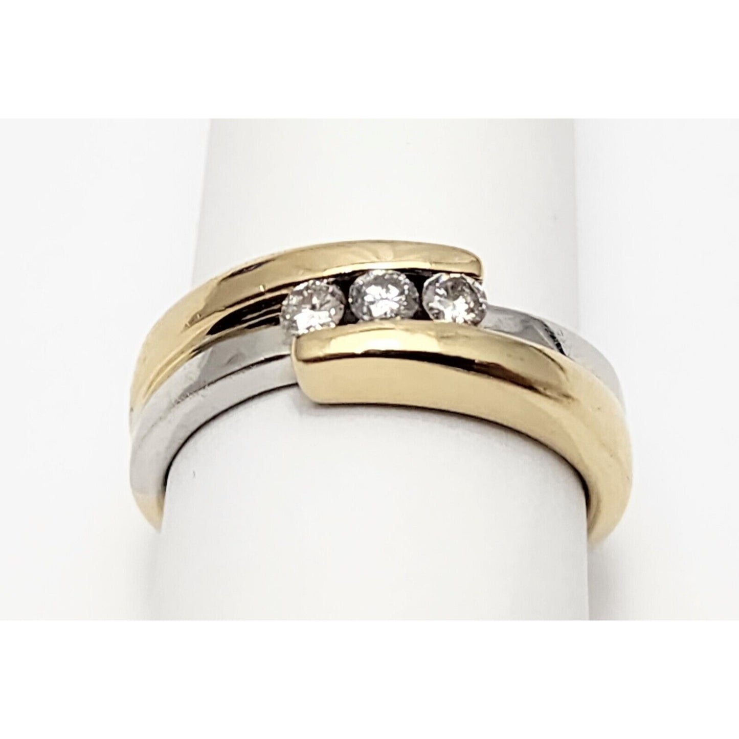 14K Two Tone Gold 3 Stone Diamond Wedding Band Ring