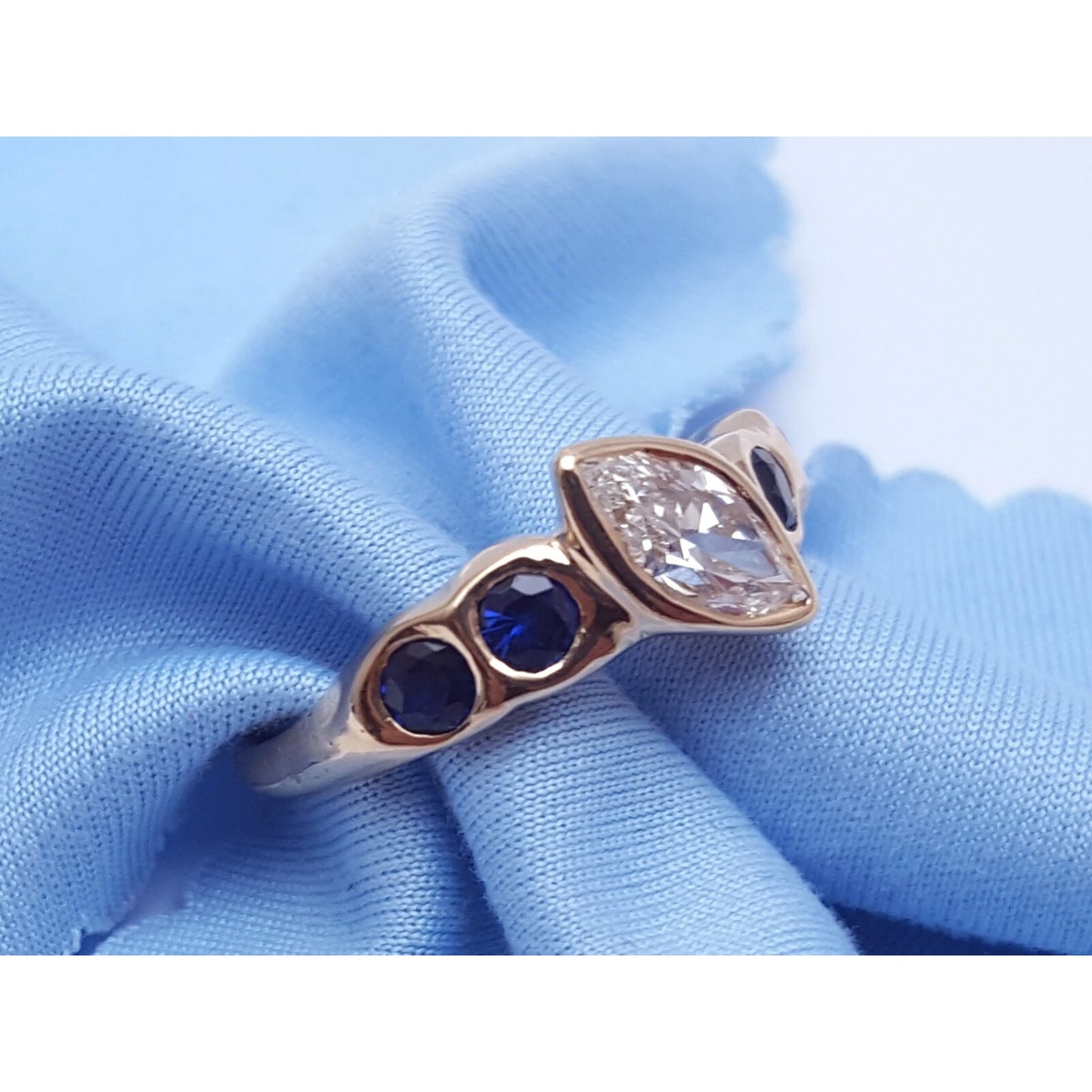Vintage 14K Yellow Gold Marquise Diamond & Round Sapphire Ring