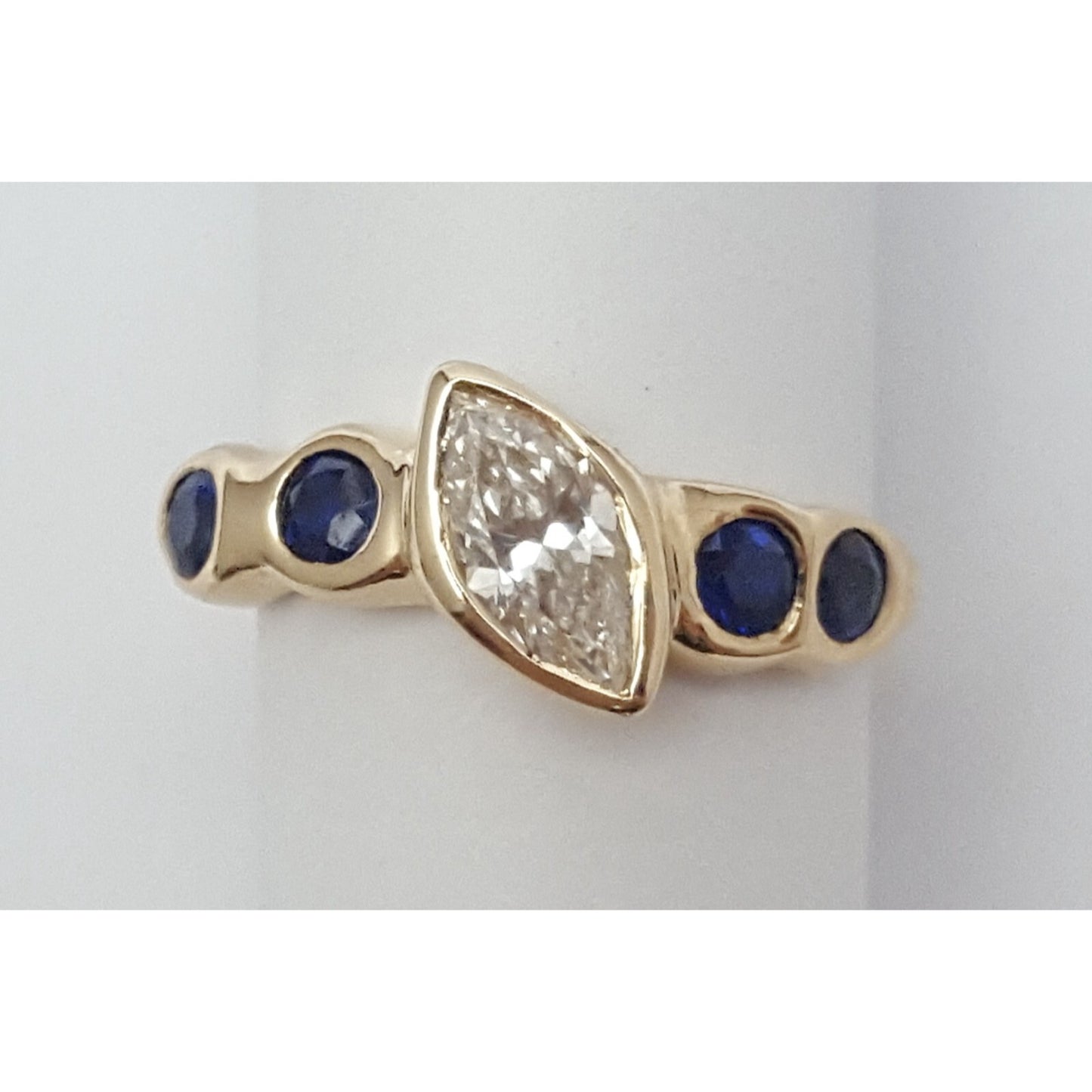 Vintage 14K Yellow Gold Marquise Diamond & Round Sapphire Ring