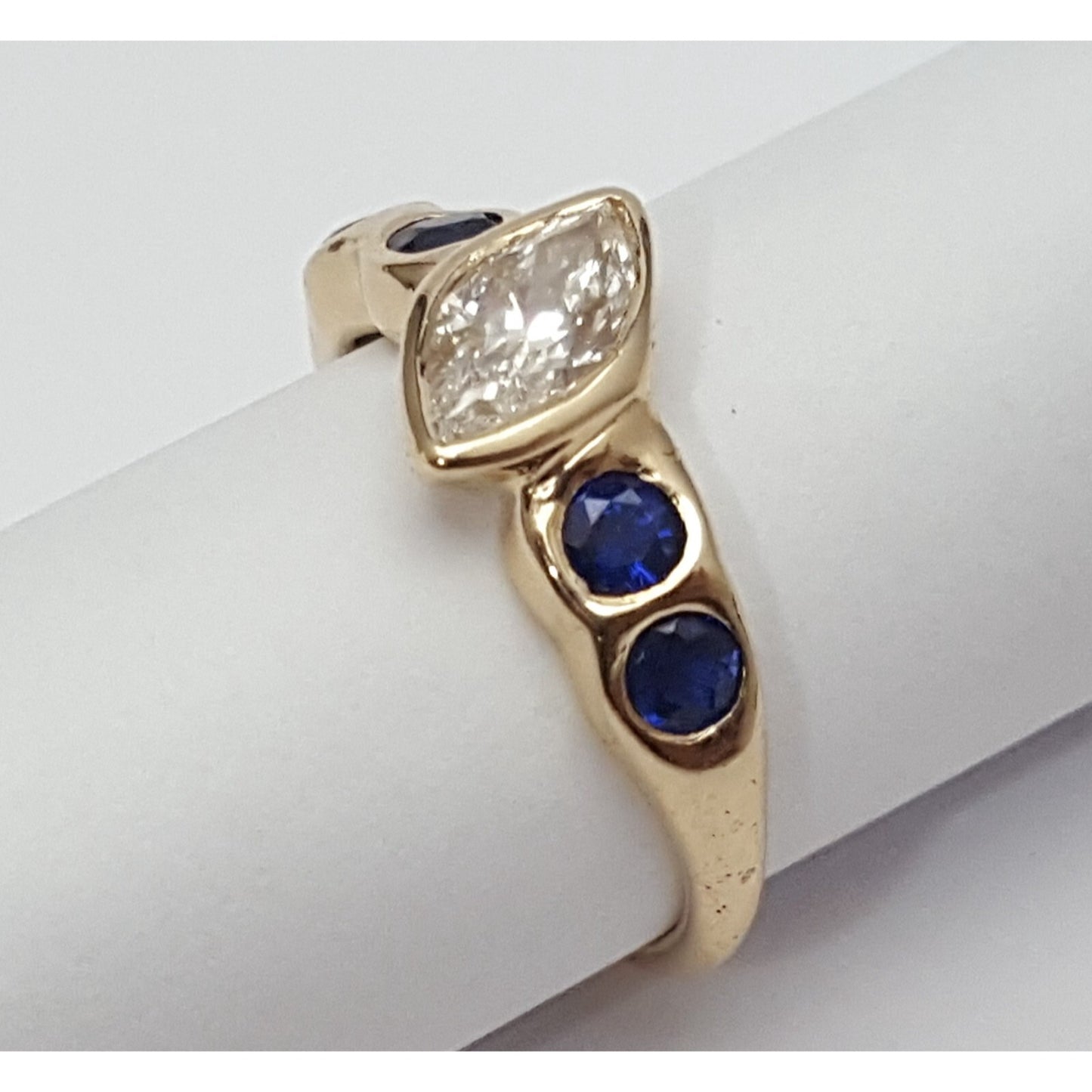Vintage 14K Yellow Gold Marquise Diamond & Round Sapphire Ring