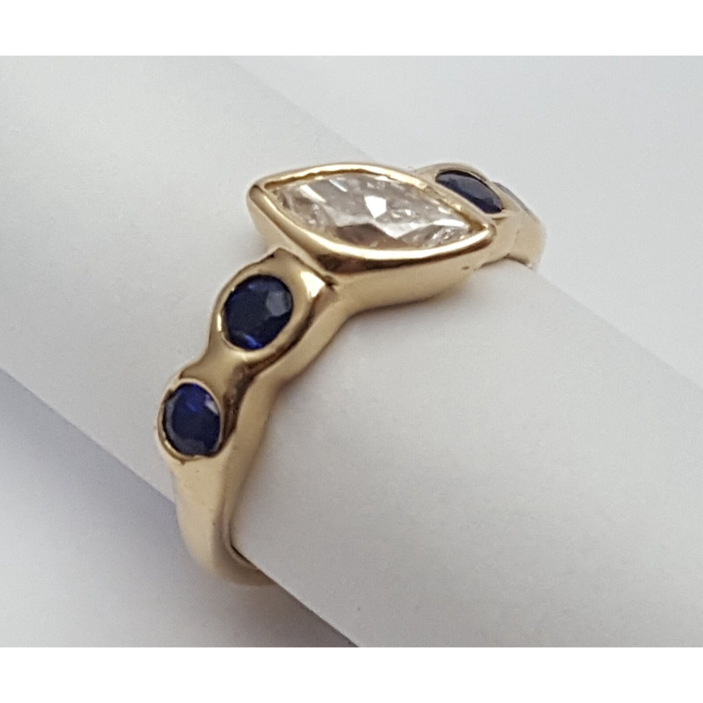 Vintage 14K Yellow Gold Marquise Diamond & Round Sapphire Ring
