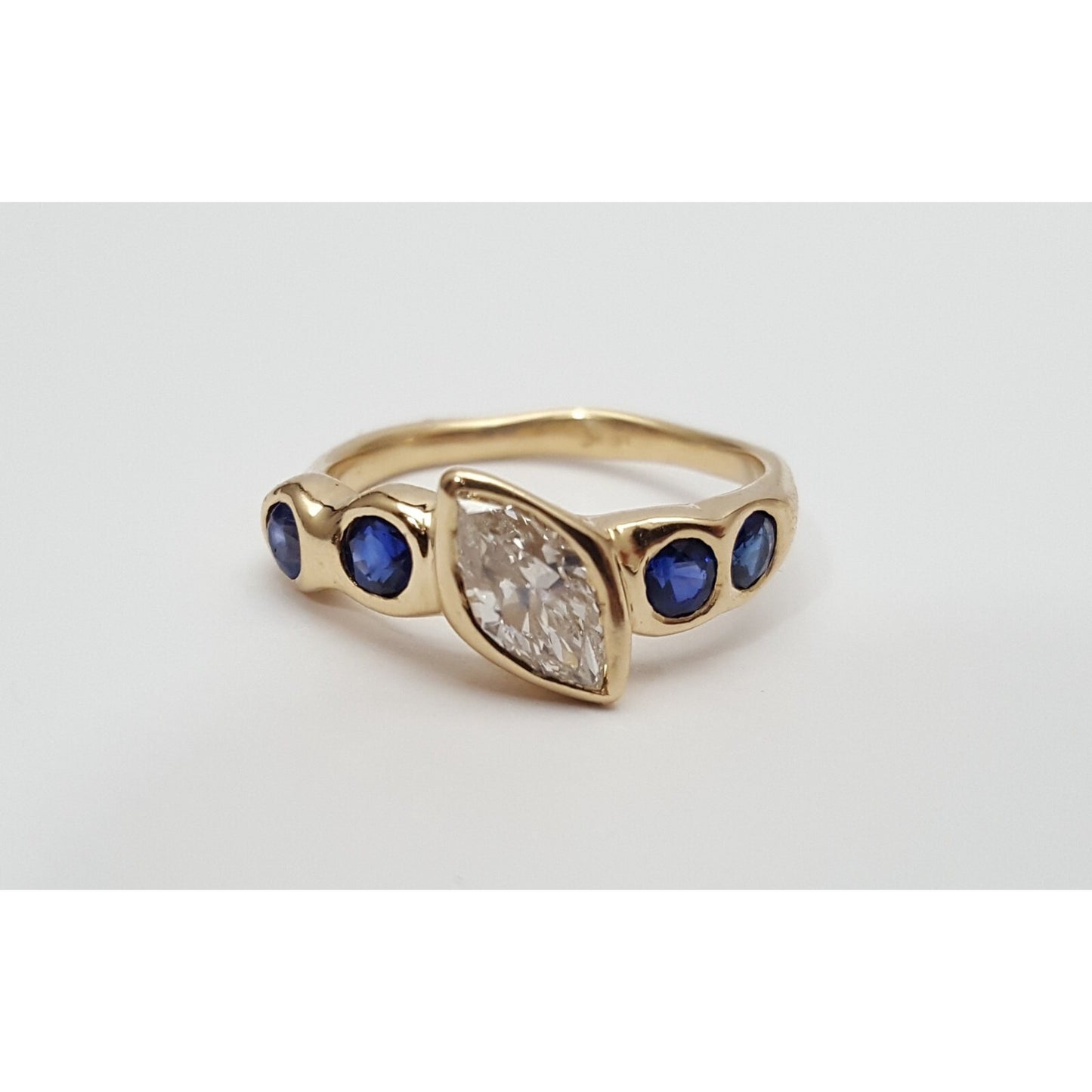 Vintage 14K Yellow Gold Marquise Diamond & Round Sapphire Ring