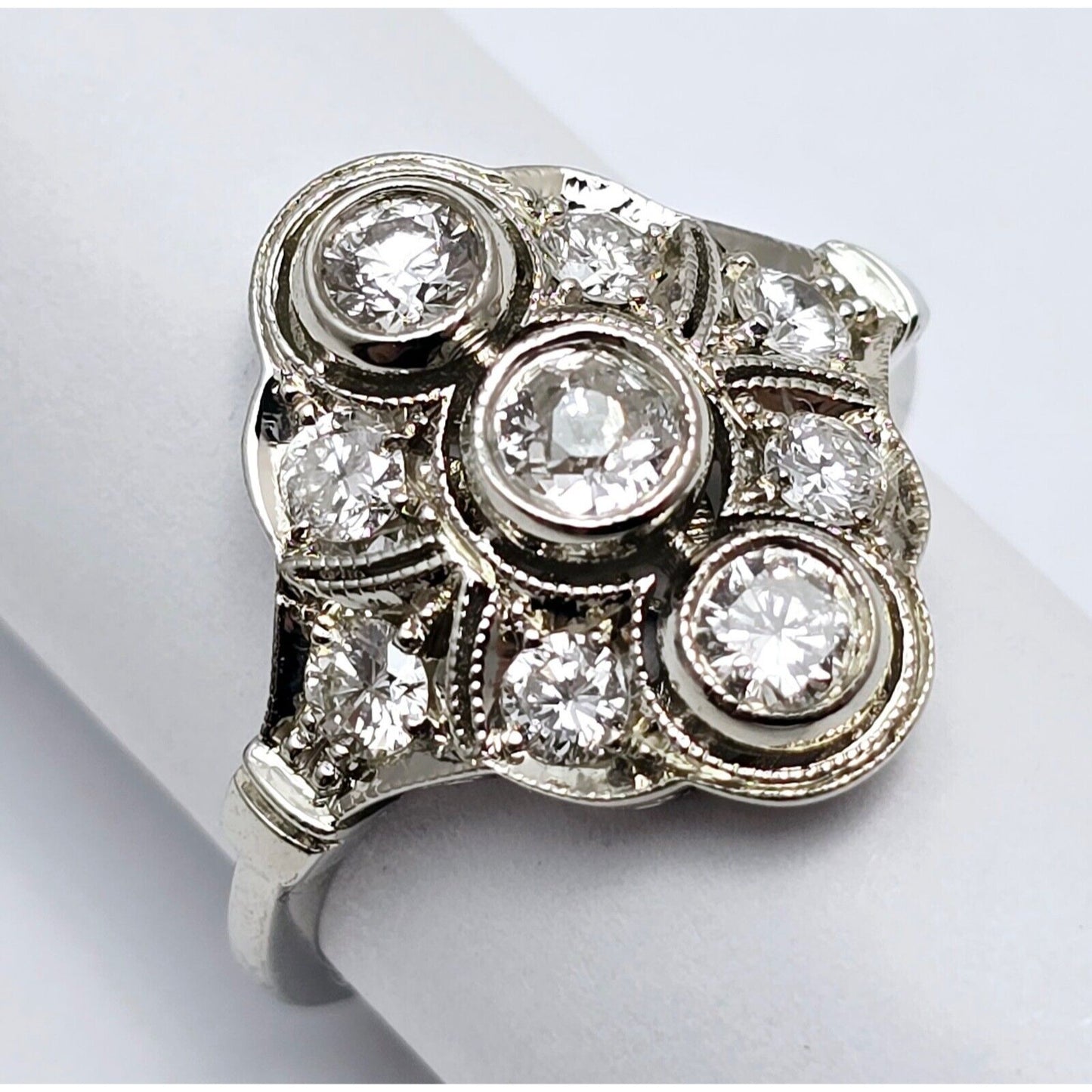 Vintage 14K White Gold Old Cut Diamond Cocktail Ring