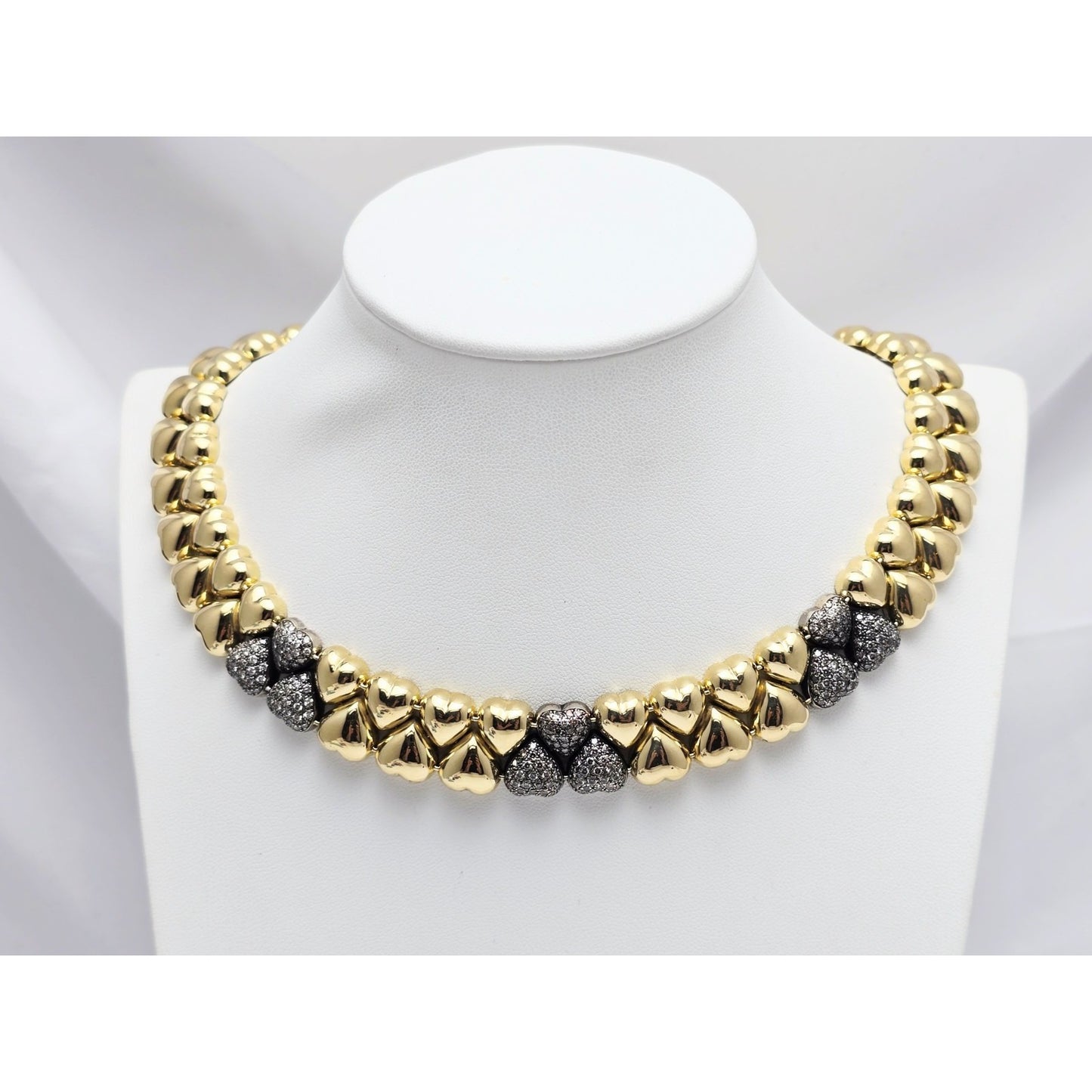 18K Two Tone Gold Antique Multi Heart Diamond Choker Link Necklace