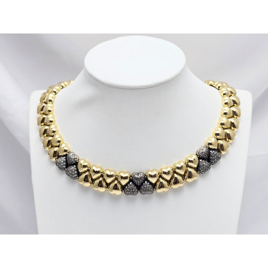 18K Two Tone Gold Antique Multi Heart Diamond Choker Link Necklace