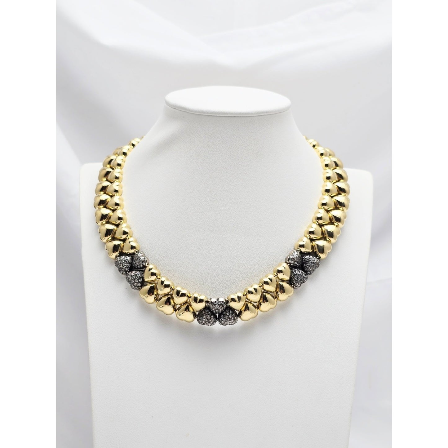 18K Two Tone Gold Antique Multi Heart Diamond Choker Link Necklace