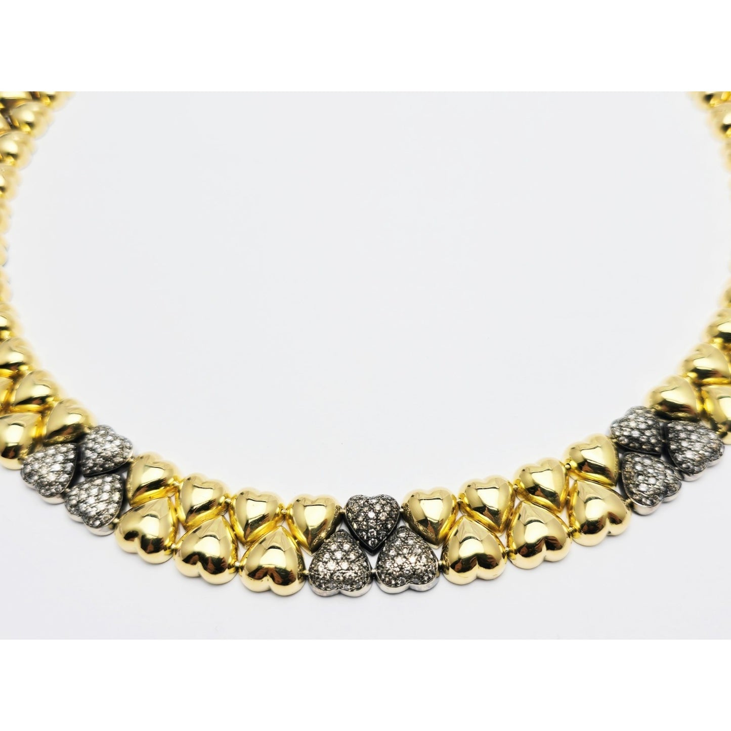 18K Two Tone Gold Antique Multi Heart Diamond Choker Link Necklace