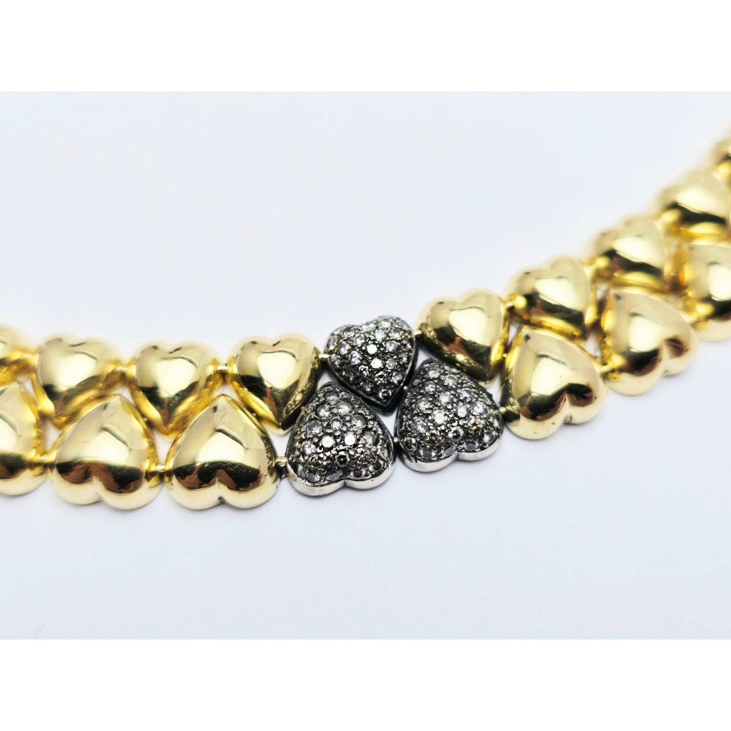 18K Two Tone Gold Antique Multi Heart Diamond Choker Link Necklace