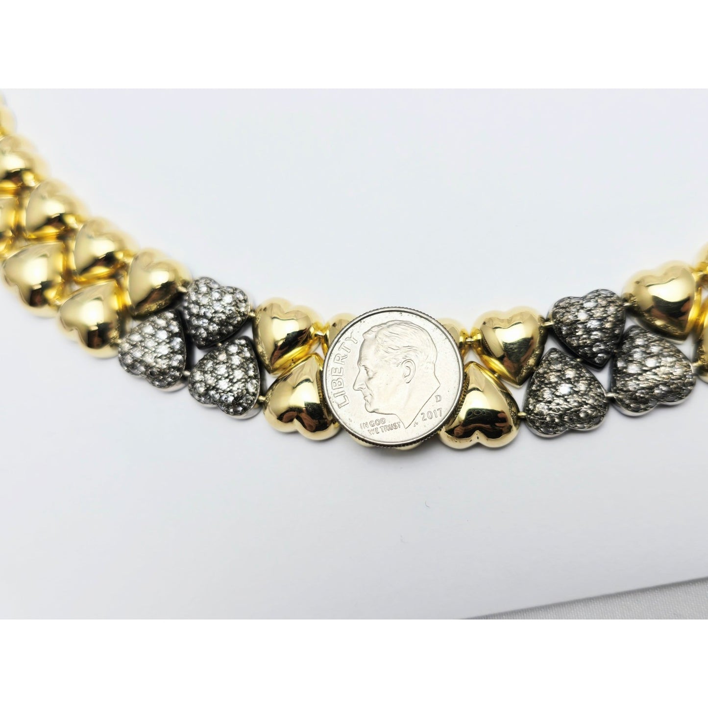 18K Two Tone Gold Antique Multi Heart Diamond Choker Link Necklace