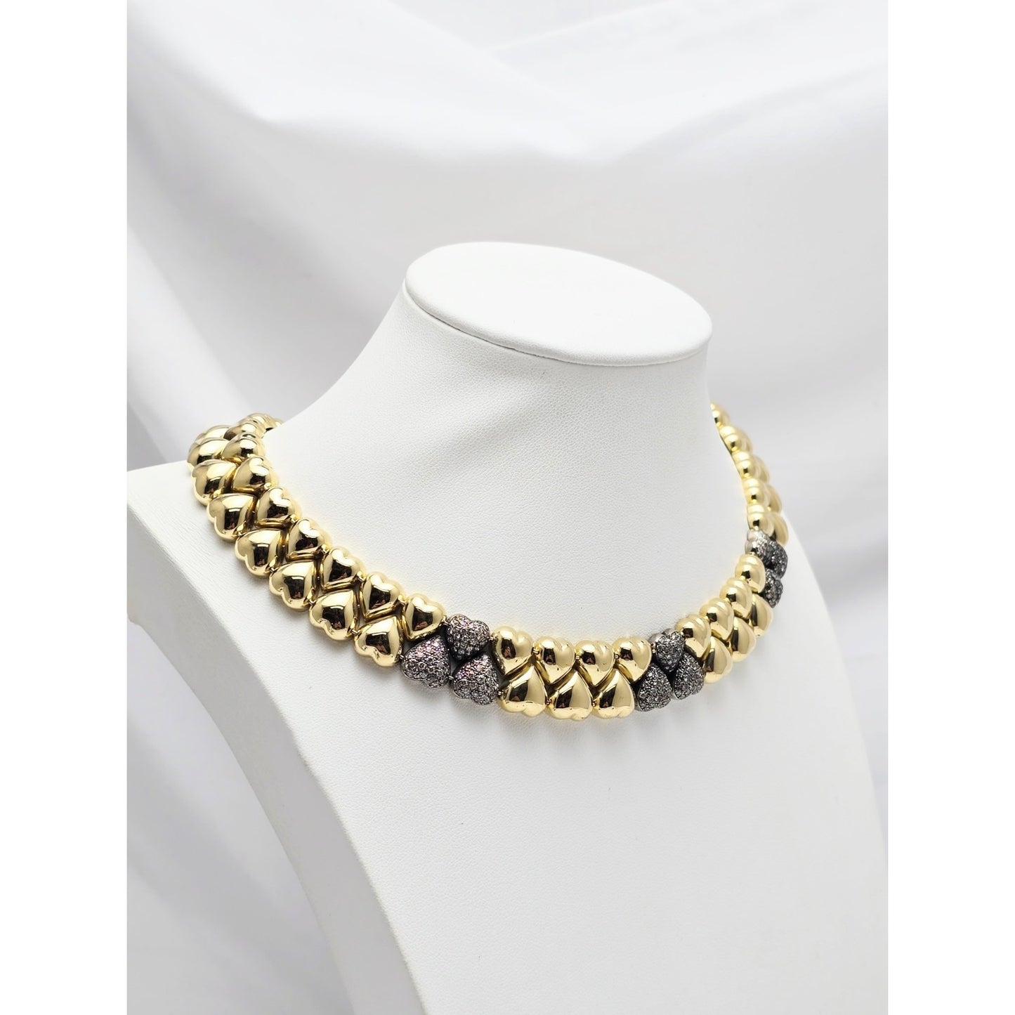 18K Two Tone Gold Antique Multi Heart Diamond Choker Link Necklace