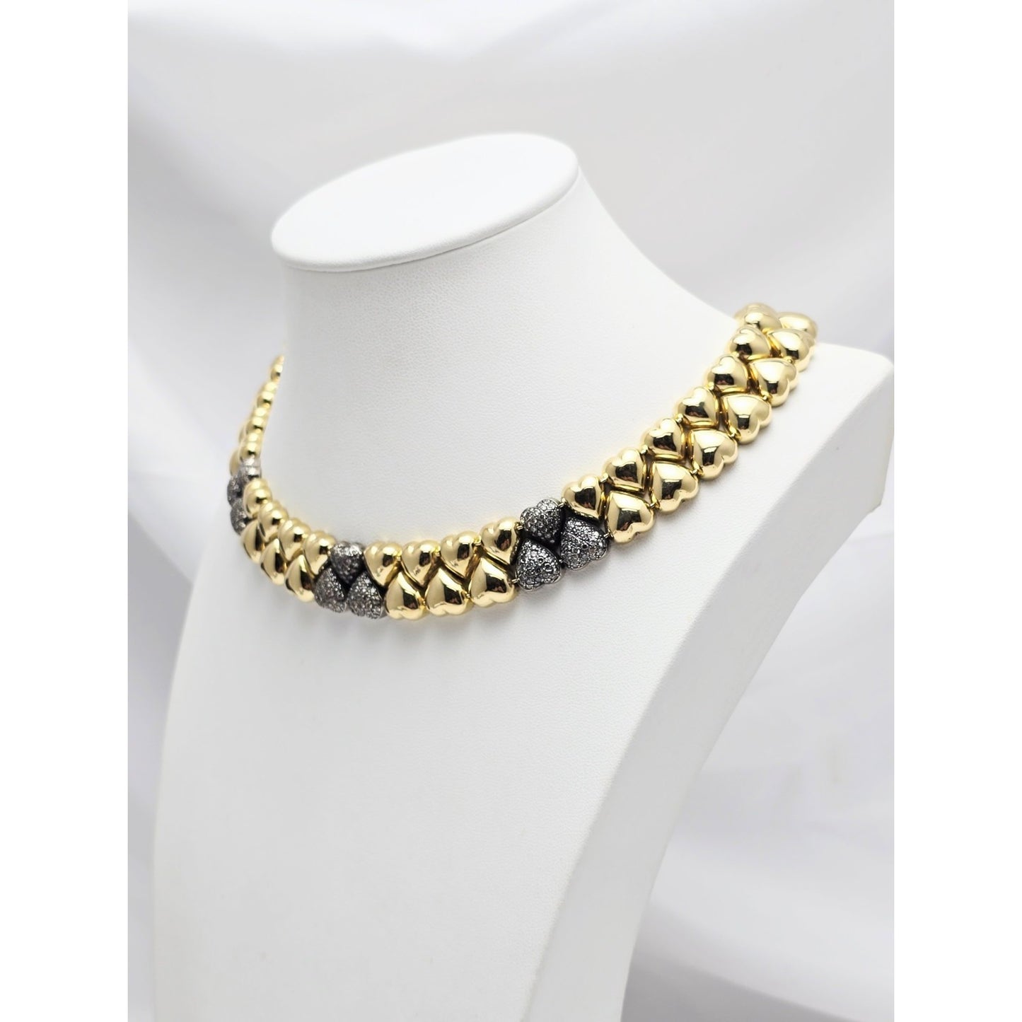 18K Two Tone Gold Antique Multi Heart Diamond Choker Link Necklace