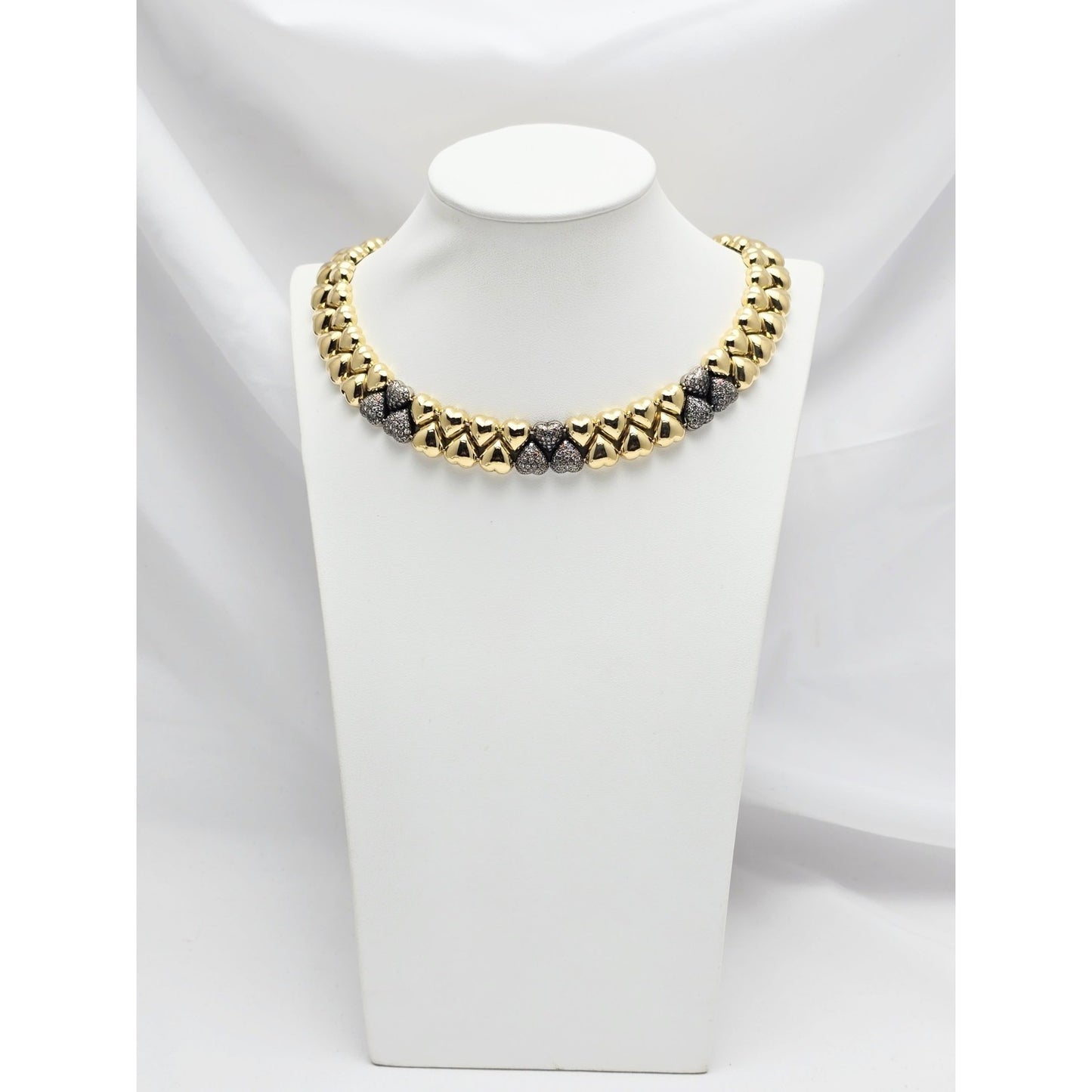 18K Two Tone Gold Antique Multi Heart Diamond Choker Link Necklace