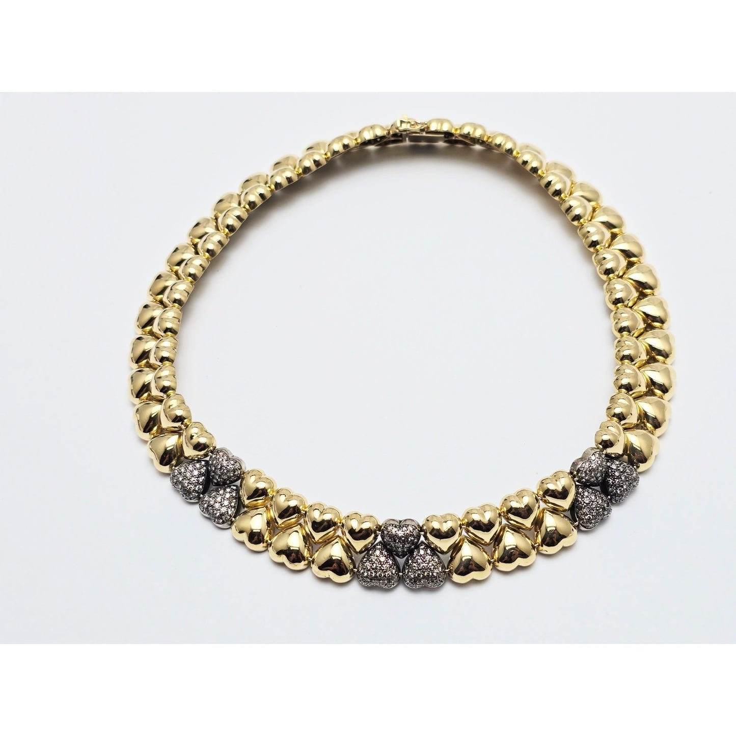 18K Two Tone Gold Antique Multi Heart Diamond Choker Link Necklace
