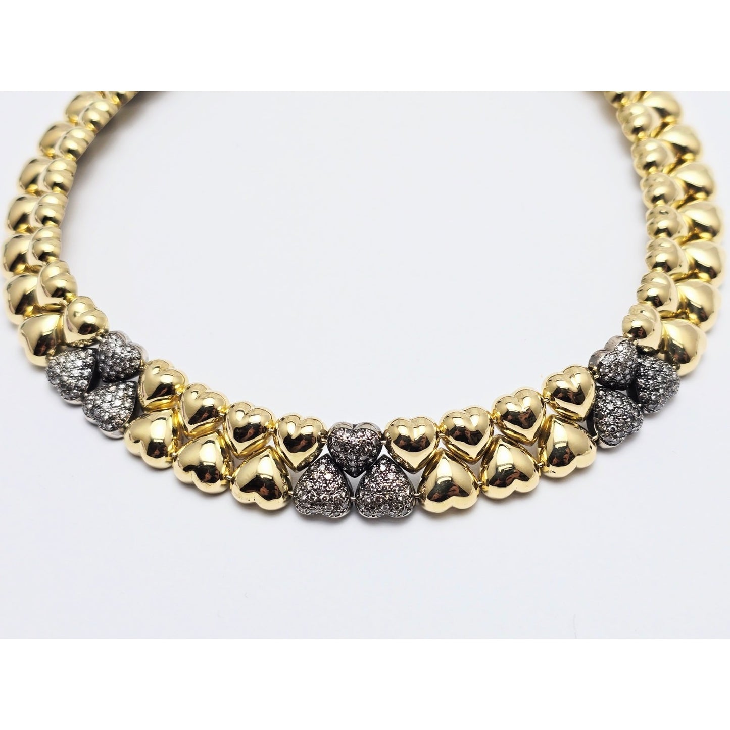 18K Two Tone Gold Antique Multi Heart Diamond Choker Link Necklace