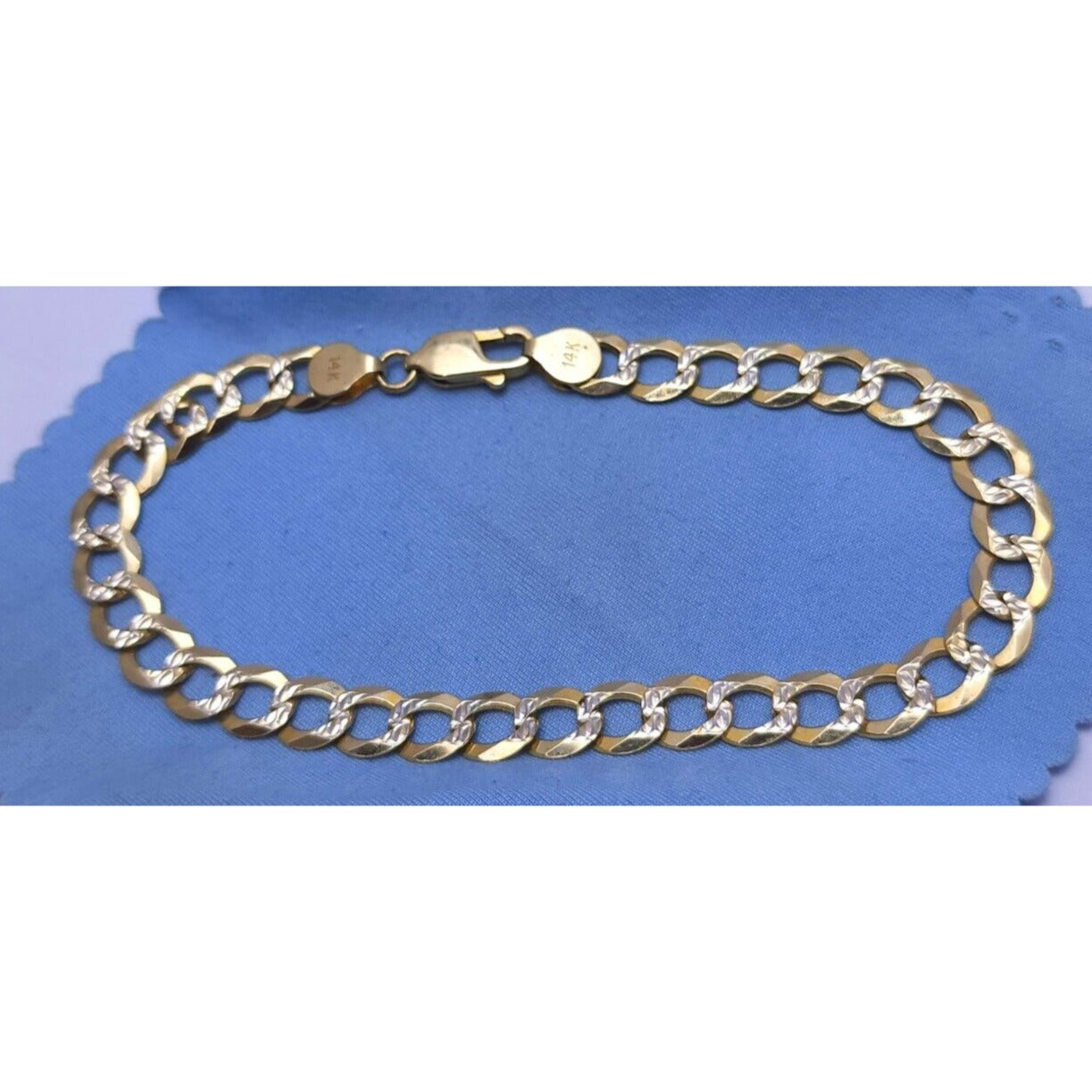14K Two Tone Gold Diamond Cut Curb Cuban Link Chain Bracelet