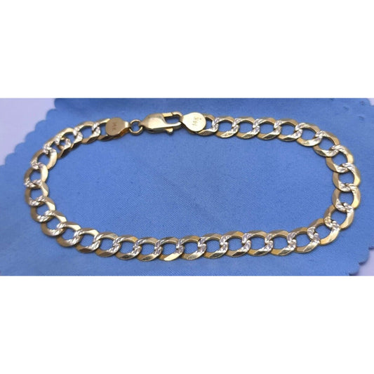 14K Two Tone Gold Diamond Cut Curb Cuban Link Chain Bracelet