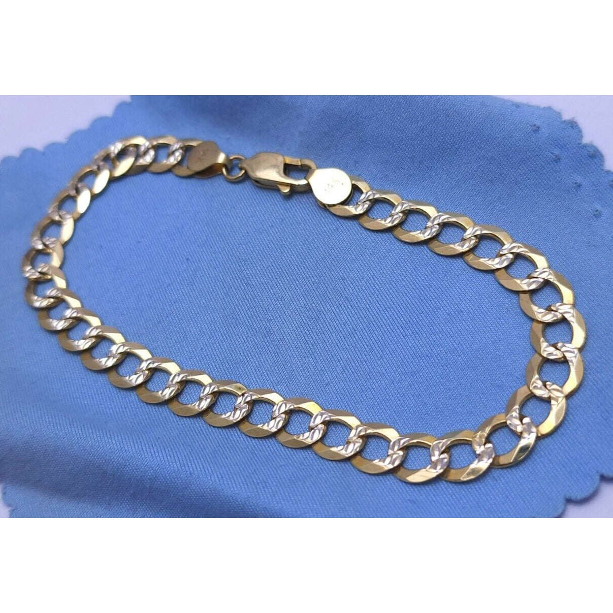 14K Two Tone Gold Diamond Cut Curb Cuban Link Chain Bracelet