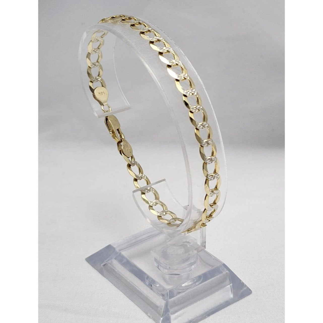 14K Two Tone Gold Diamond Cut Curb Cuban Link Chain Bracelet