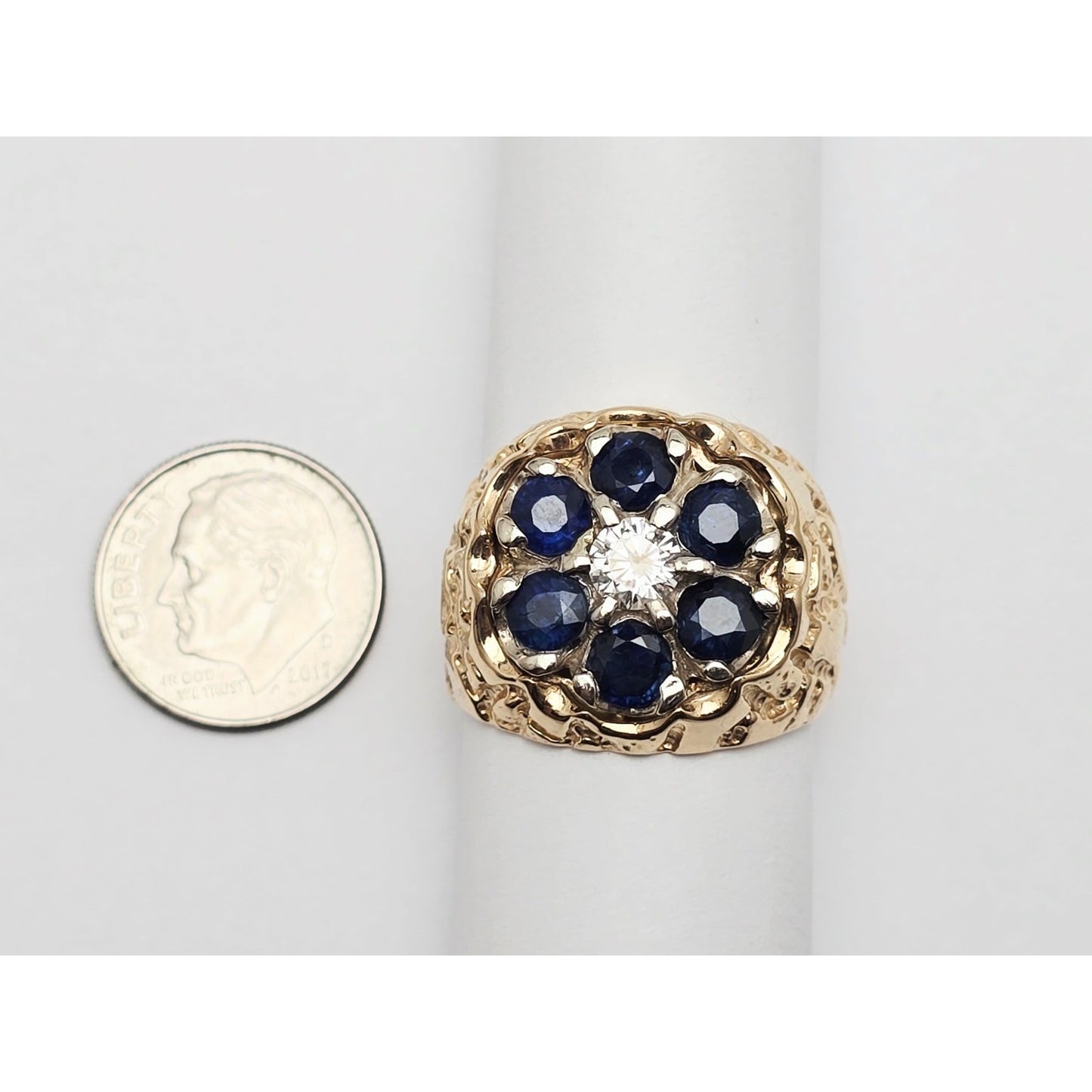 14K Yellow Gold Men's Sapphire & Moissanite Nugget Ring