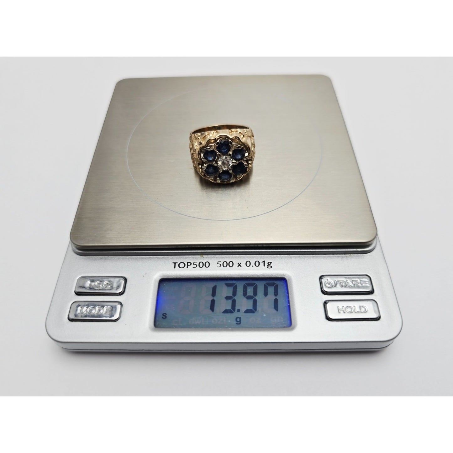 14K Yellow Gold Men's Sapphire & Moissanite Nugget Ring