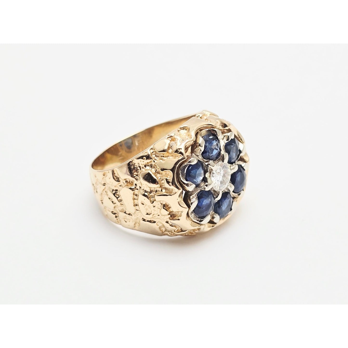 14K Yellow Gold Men's Sapphire & Moissanite Nugget Ring