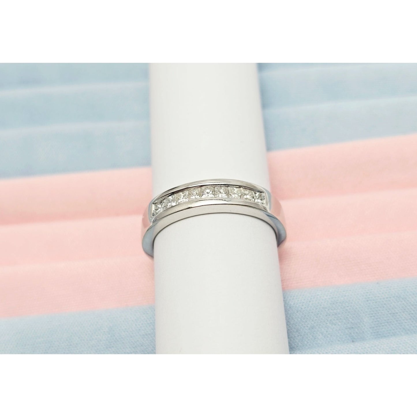 14K White Gold Single Row Princess Cut Diamond Wedding Band Ring