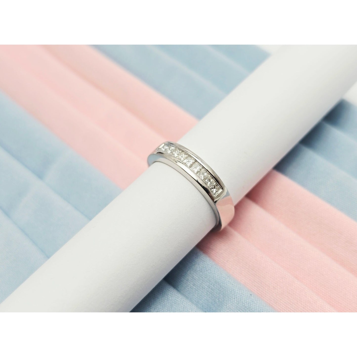 14K White Gold Single Row Princess Cut Diamond Wedding Band Ring