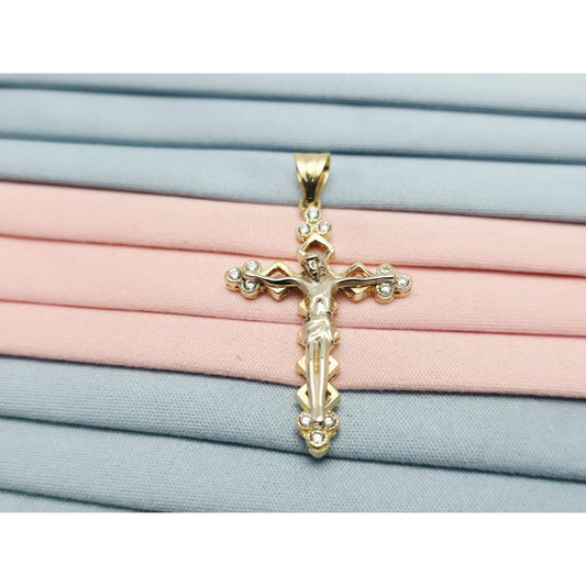 14K Two Tone Gold Jesus on Cross CZ Charm Pendant