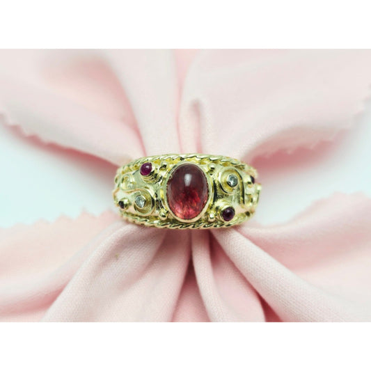 14K Yellow Gold Cabochon Ruby & Diamond Wide Band Ring