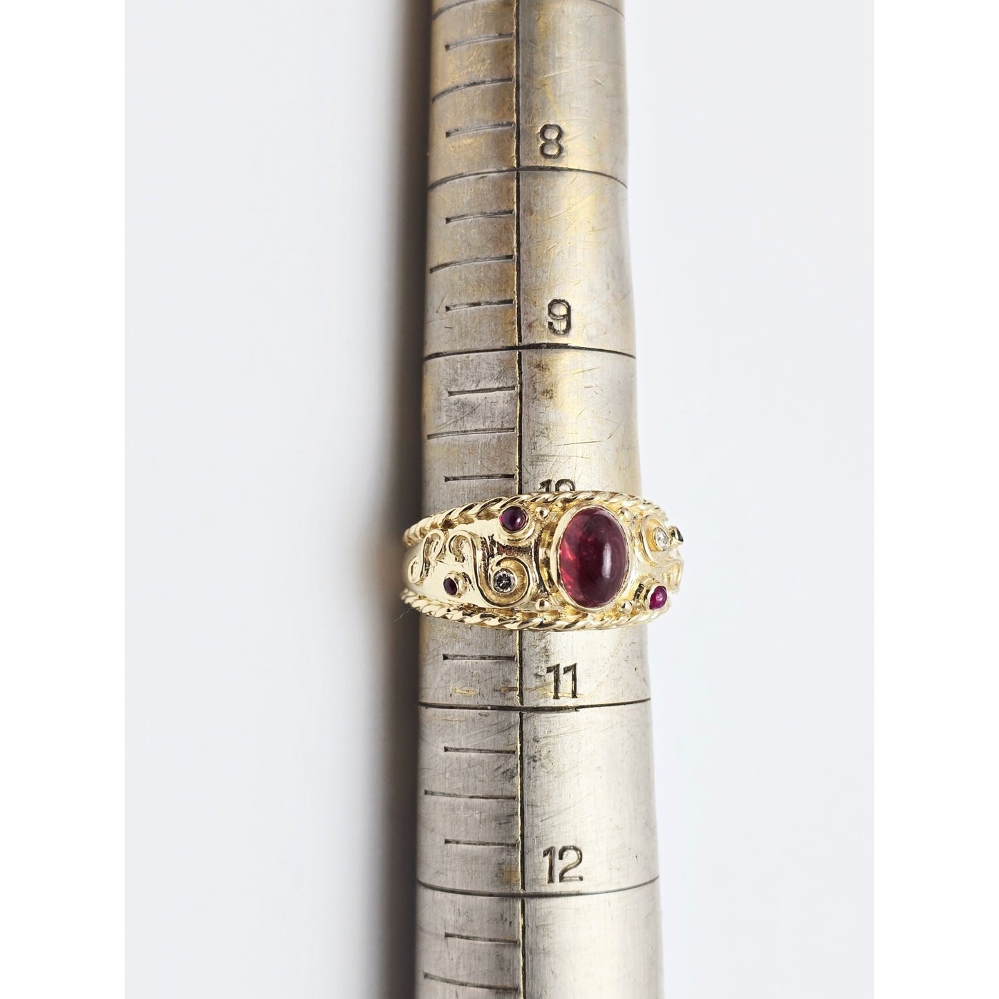14K Yellow Gold Cabochon Ruby & Diamond Wide Band Ring