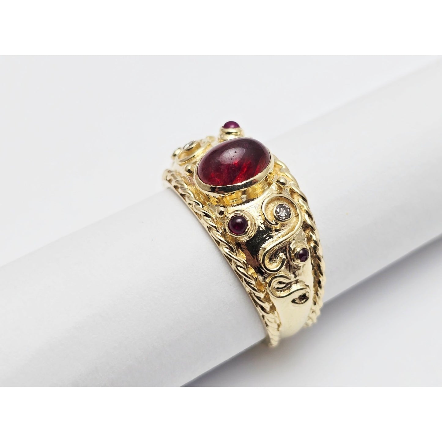 14K Yellow Gold Cabochon Ruby & Diamond Wide Band Ring